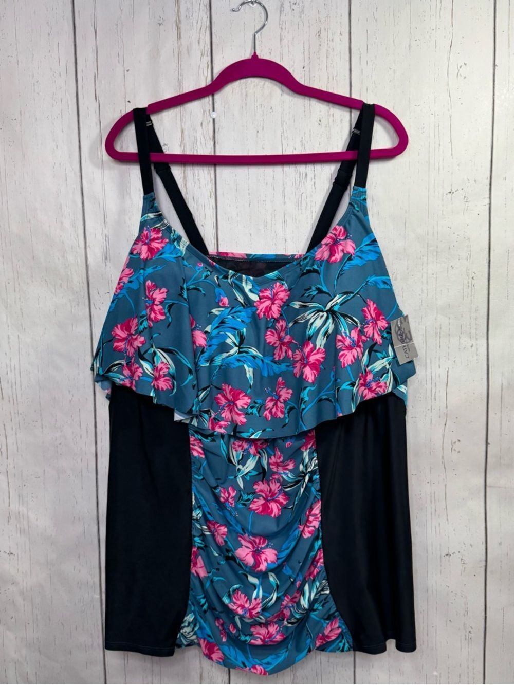 Catherines Tropical Floral Swim Tankini Blue Pink Plus Size 32W Beachy NWT